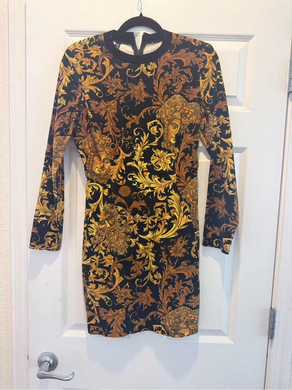 Versace Black and Gold Baroque Long-Sleeve Dress